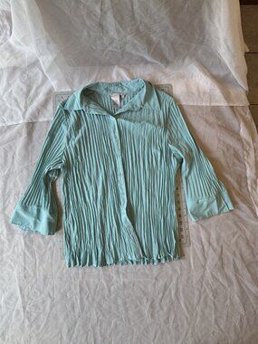 Fred David Woman Aqua Pleated Button Front Blouse Size 2X